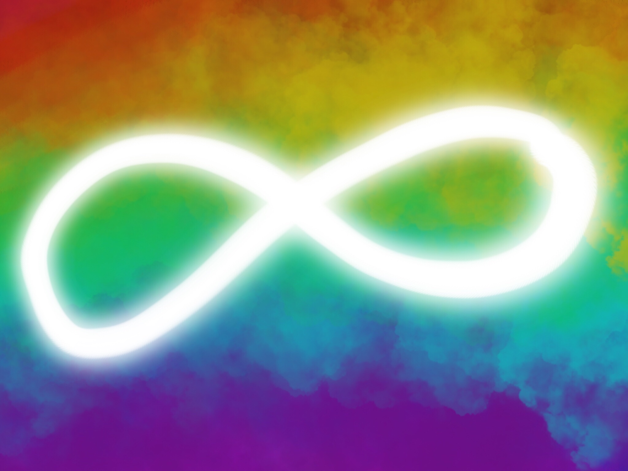 Bright white infinity symbol on a rainbow background with cloud effect