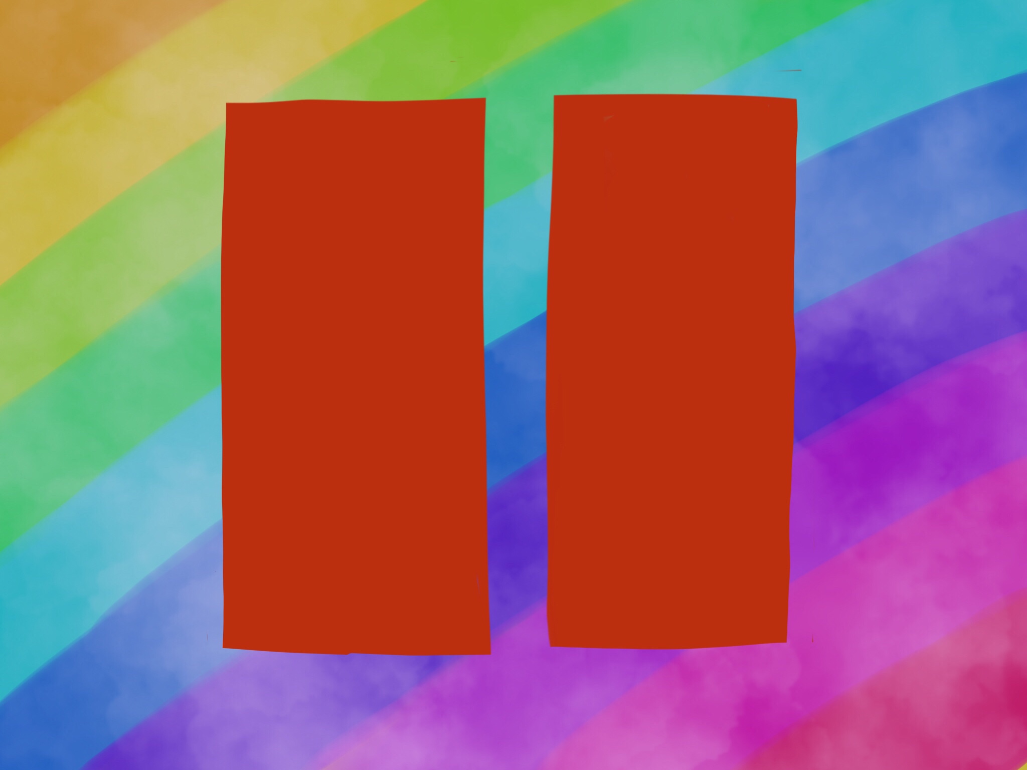 Image description: an annoyingly imperfect and asymmetrical red pause symbol on a rainbow background with white clouds on top of the rainbow colours but beneath the pause sign.
